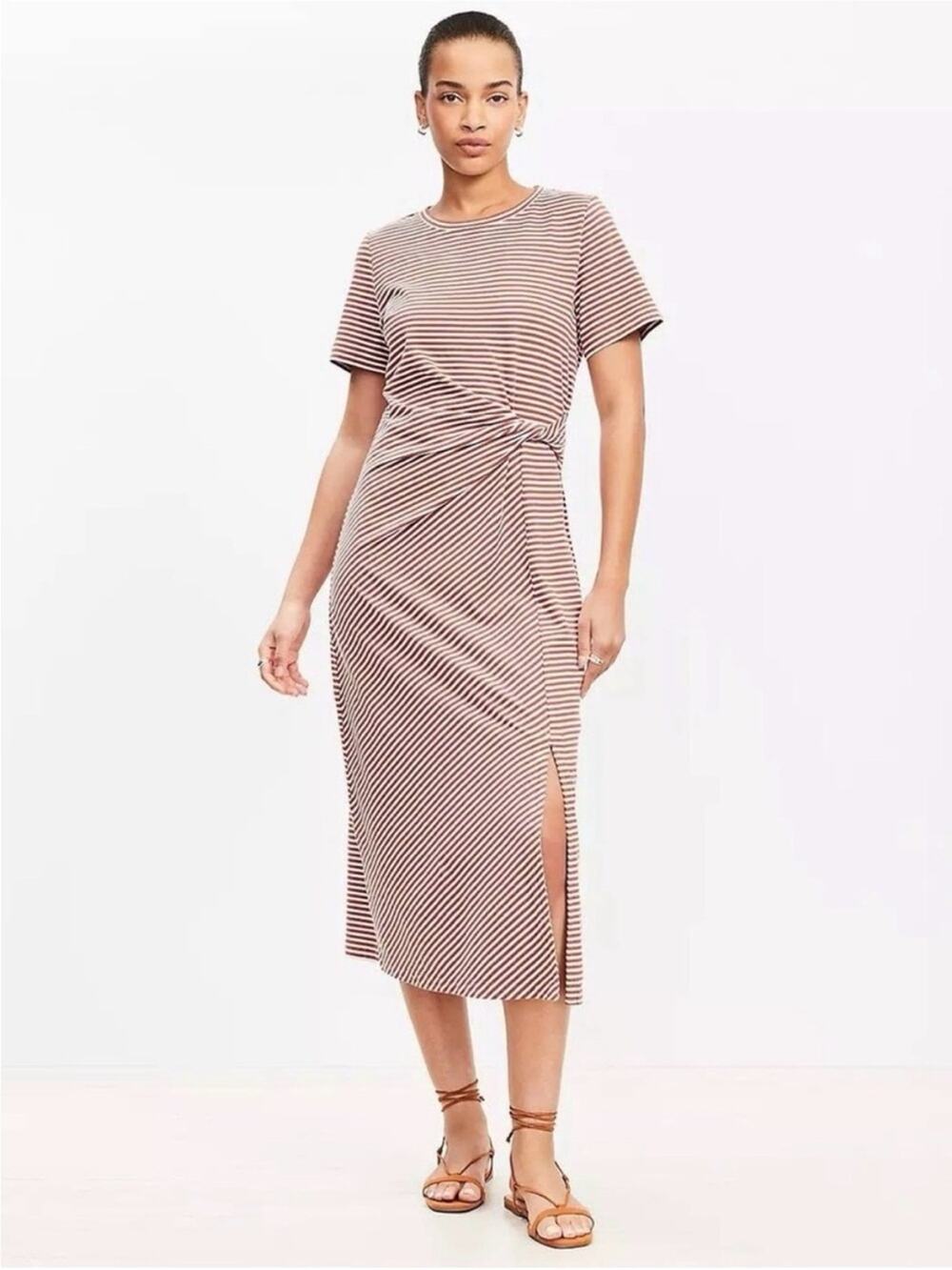 NEW LOFT Striped Twist Midi Dress 100% Cotton Brown and White - Size L